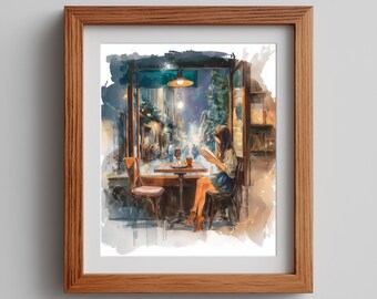 Cozy Cafe Watercolor Art Print: Moody Bistro Scene (Digital Download)
