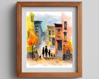 Halloween Street Scene Watercolor Art Print: Trick-or-Treat (Digital Download)