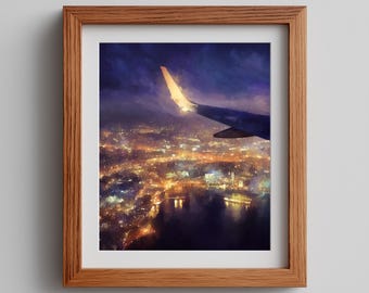 Retro Airplane Window View Print: Golden Night Cityscape (Digital Download)