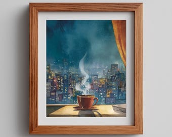 Winter Mug Watercolor Art Print: Cozy City View (Digital Download)