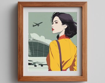 Retro 80s Woman Travel Poster: Pop Art Airplane Print (Digital Download)