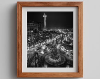 Vintage Seattle Christmas Photography Print: Monochrome Urban Scene (Digital Download)