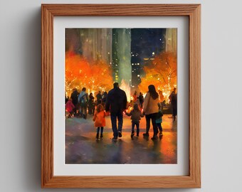 Autumn City Walkway Watercolor Art Print: Family Scene (Digital Download)