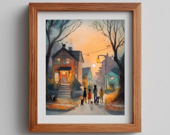 Halloween Watercolor Art: Trick-or-Treat Kids & Dog Scene (Digital Download)