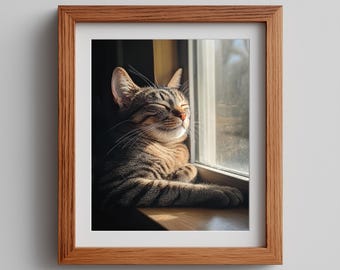 Sunlit Cat Art Print: Rustic Cozy Home Decor (Digital Download)