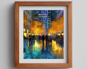 Autumn City Park Watercolor Print: Moody Night Scene (Digital Download)