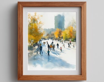 Autumn Ice Skating Watercolor Print: Festive City Park Scene (Digital Download)