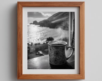 Moody Lakeside Coffee Mug Print: Black and White Winter Scene (Digital Download)