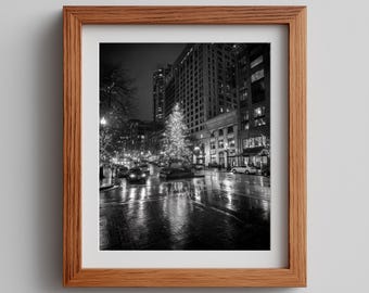 Downtown Christmas Tree Photography Print - Black and White Holiday Wall Art (Digital Download)