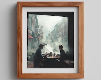 Cozy Bistro Couple Watercolor Painting: Romantic Coffee Scene (Digital Download)