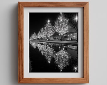 Christmas Tree Lights Photography Print: Black and White Winter Art (Digital Download)