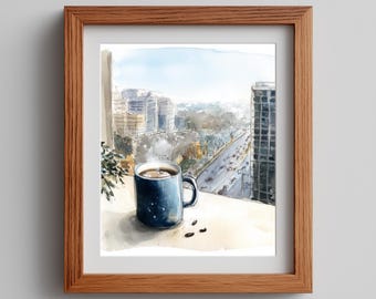Winter Mug Cityscape Watercolor Art Print (Digital Download)