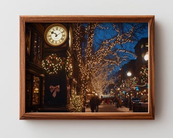 Vintage Festive Downtown Night Scene - Urban Holiday Wall Art, Moody Winter Cityscape, Christmas Lights, Printable City Decor 410