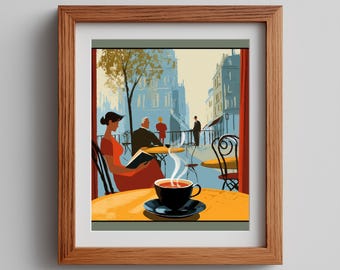 Vintage Cafe Scene Print: Colorful Bistro Painting (Digital Download)