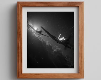 Monochrome Fighter Aircraft Chase Art Print - 80s Comic Style (Digital Download)