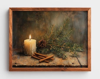 Winter Candle Still Life Painting: Pine & Cinnamon (Digital Download)