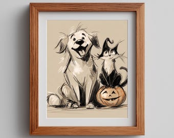 Spooky Cat & Dog Halloween Print: Minimalist Line Art (Digital Download)