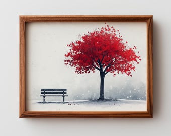 Autumn Red Maple Tree Watercolor - Vivid Crimson Leaves, Minimalist Fall Wall Art, Printable Calm Autumn Decor, Rustic Digital Print 415