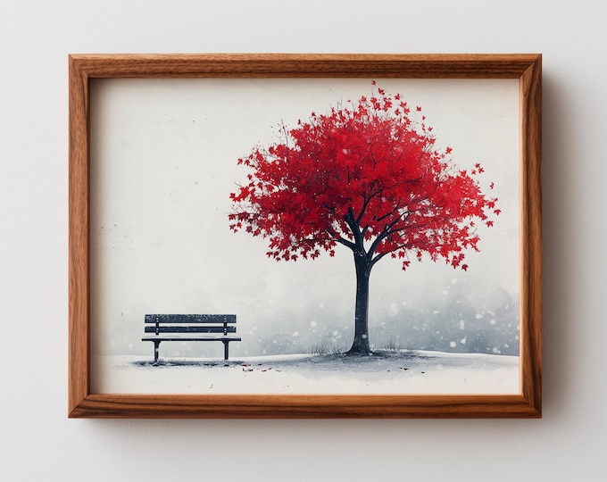 Featured listing image: Autumn Red Maple Tree Watercolor - Vivid Crimson Leaves, Minimalist Fall Wall Art, Printable Calm Autumn Decor, Rustic Digital Print 415