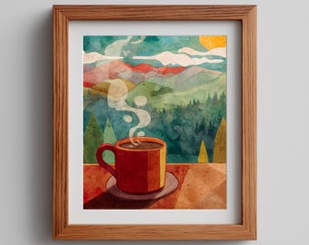 Cocoa Cup Winter Scene Print: Vintage Watercolor Landscape (Digital Download)