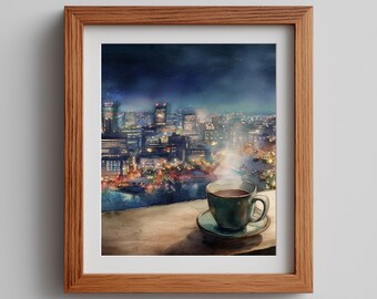 Night Cityscape Watercolor Art Print: Cozy Tea Cup, Holiday Lights (Digital Download)
