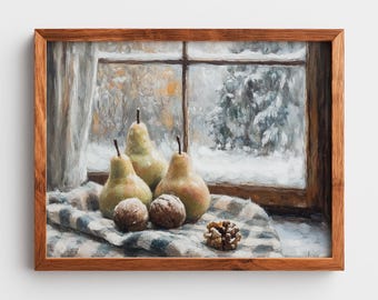 Rustic Pears and Walnuts Still Life Painting: Farmhouse Art (Digital Download)