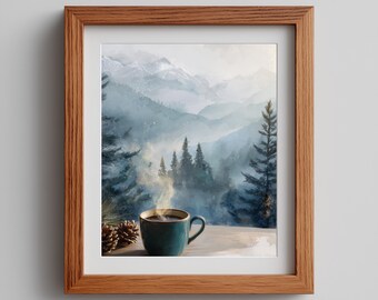 Winter Coffee Mug Print: Snowy Evergreen Forest Landscape (Digital Download)