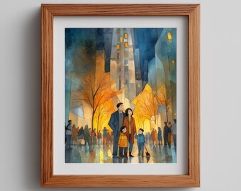 Autumn Cityscape Art Print: Golden Trees, Family Stroll (Digital Download)