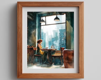Cafe Watercolor Painting: Woman with Coffee, Urban Art (Digital Download)