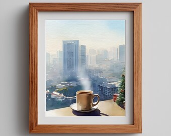 Winter Teacup Watercolor Art Print: Asian Rooftops (Digital Download)