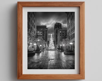 Moody Christmas Tree Cityscape Print: Black and White Photography (Digital Download)