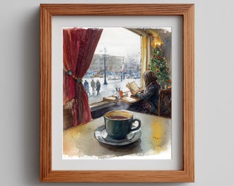Cozy Cafe Watercolor Print: Coffee Cup, Cityscape Art (Digital Download)