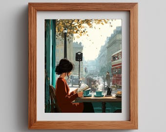 Paris Cafe Printable Art: Woman Reading, Cozy Bistro Scene (Digital Download)