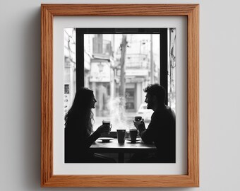 Noir Cafe Print: Romantic Couple Coffee Shop Sketch (Digital Download)