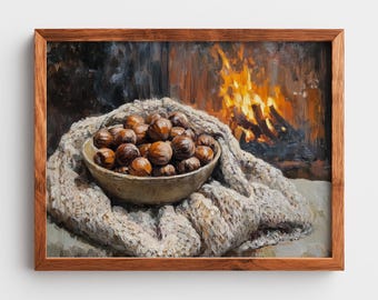 Roasted Chestnuts Art Print: Cozy Fireplace, Wool Scarf (Digital Download)