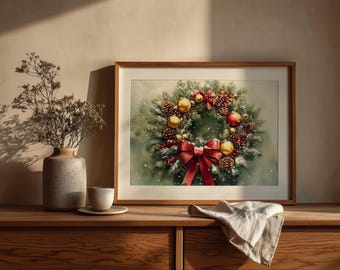 Christmas Wreath Watercolor Art: Festive Evergreen, Red Bow (Digital Printable)