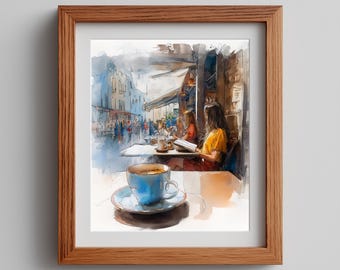 Coffeehouse Watercolor Art Print: Moody City View (Digital Download)