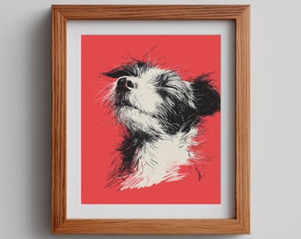Dog Sketch Art Print: Modern Black and White, Red Background (Digital Download)
