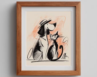 Matisse Style Halloween Pet Art Print: Dog and Cat Line Sketch (Digital Download)
