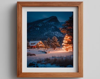 Snowy Mountain Cabin Photography Print: Golden Twilight Christmas Decor (Digital Download)