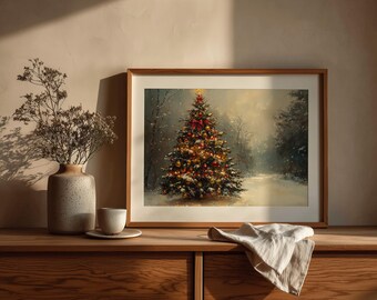 Christmas Tree Painting: Snowy Winter Scene, Festive Holiday Decor (Digital Download)