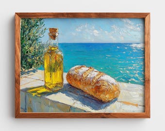Olive Oil and Bread Art Print: Mediterranean Coastal Scene (Digital Download)