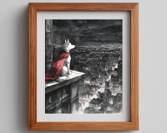 Anime Dog Rooftop Art Print: Red Cape, Noir Cityscape (Digital Download)