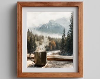 Winter Mug Watercolor Art Print: Snowy Pines, Coffee Decor (Digital Download)