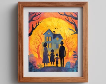 Halloween Art Print: Moody Family Trick-or-Treating Scene (Digital Download)