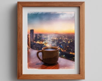 Twilight Tea Watercolor Print: Asian-Inspired Cityscape (Digital Download)