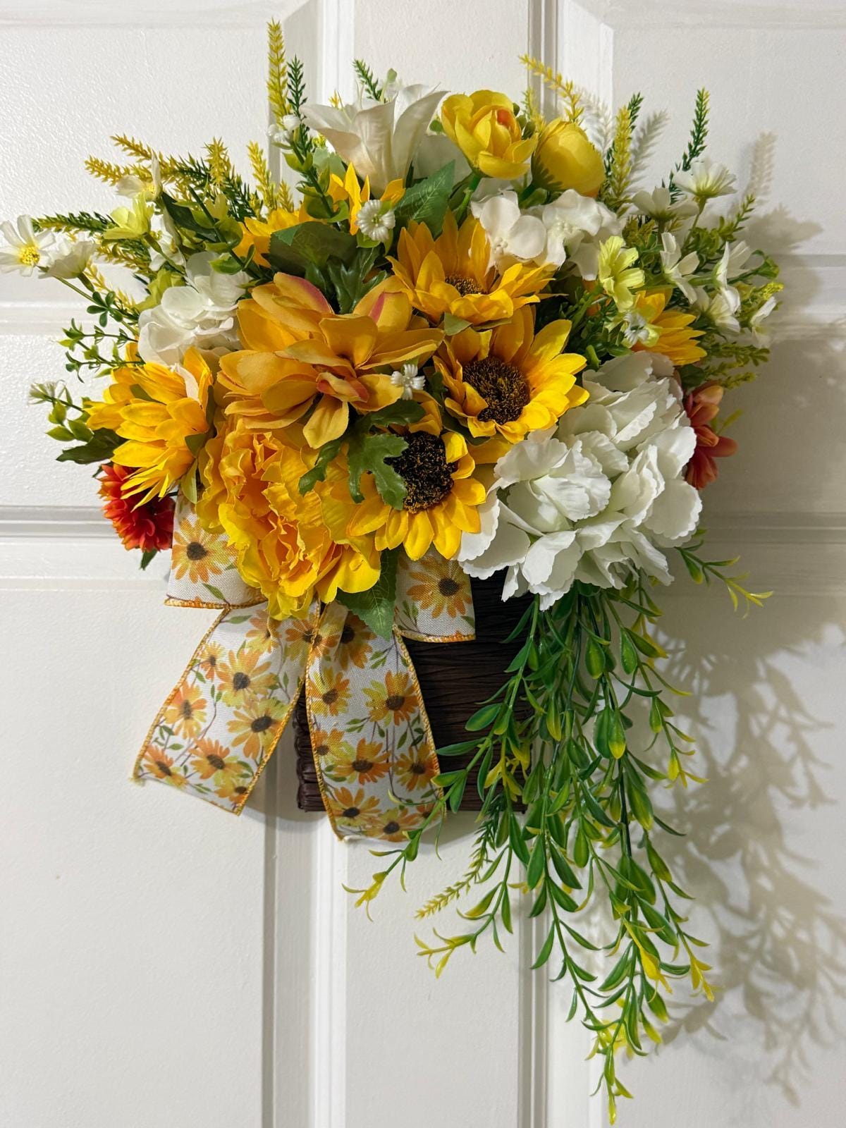Handcrafted Sunflower Hanging Basket Wreath, Farmhouse Summer Door ...
