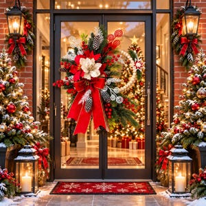 Peut inclure: Une couronne de Noël ornée d'un grand poinsettia blanc, d'un ruban de velours rouge, de pommes de pin, de baies rouges et de spirales décoratives blanches. La couronne est fixée sur une porte vitrée entre deux lanternes et deux sapins.