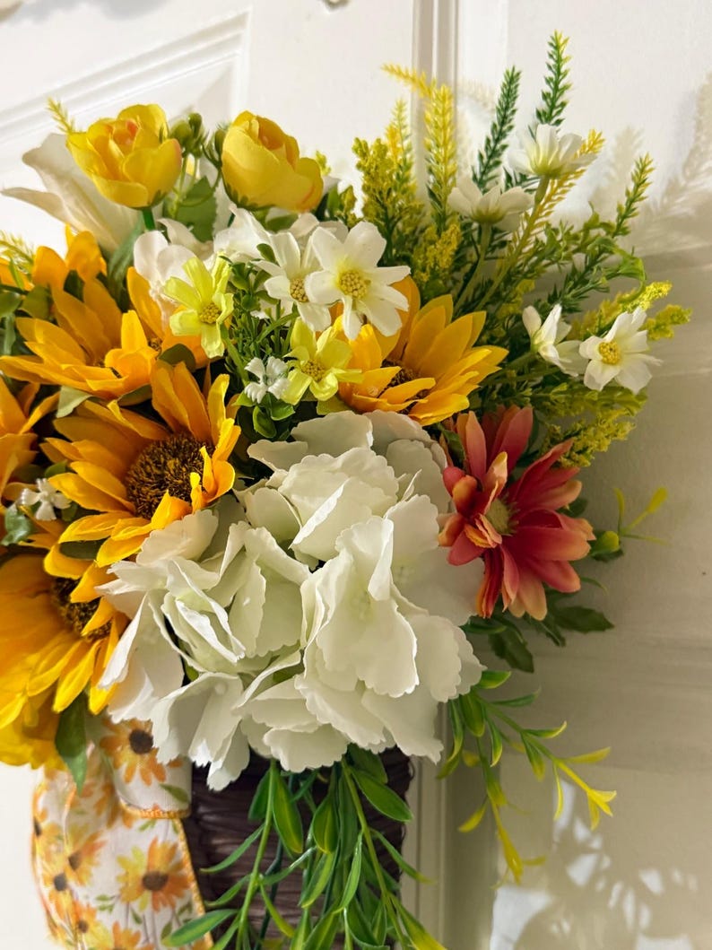 Handcrafted Sunflower Hanging Basket Wreath, Farmhouse Summer Door ...