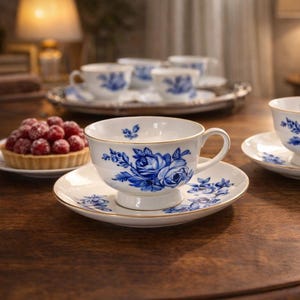 Peut inclure: Service à thé blanc avec motifs floraux bleus et dorés. Une tarte aux fruits rouges est posée sur une petite assiette. D'autres tasses sont sur un plateau argenté. La table est en bois.